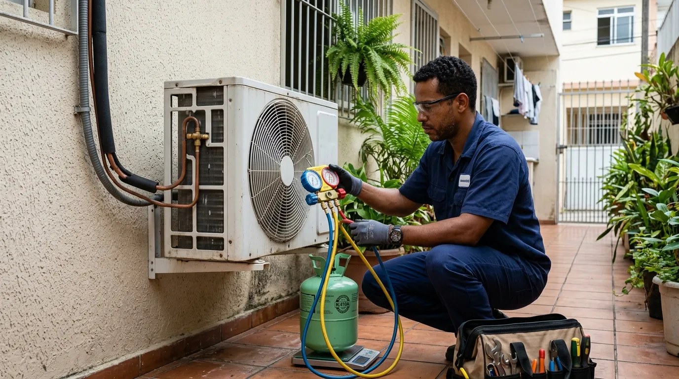 Técnico fazendo carga de gás na condensadora do ar-condicionado em Curitiba‑PR