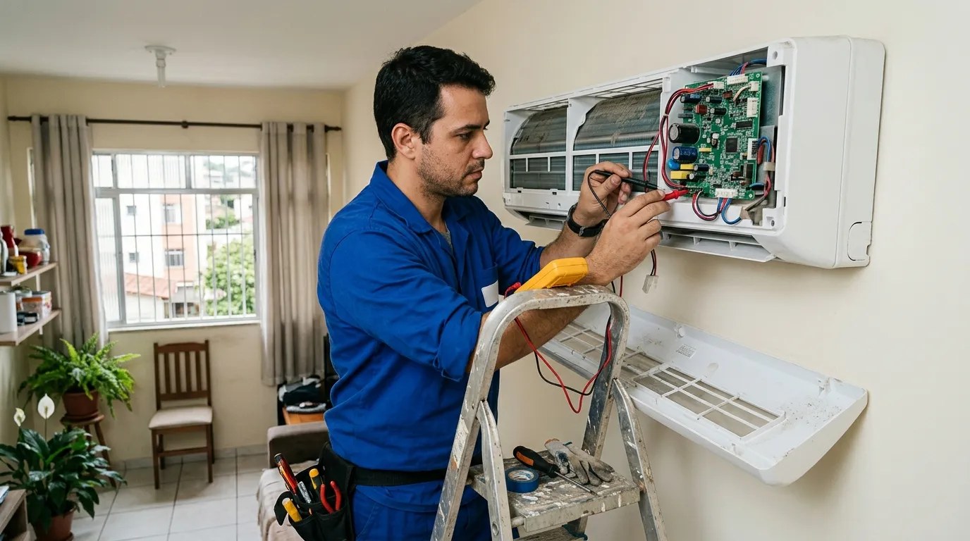 Técnico trocando a placa eletrônica de ar-condicionado split em Curitiba‑PR