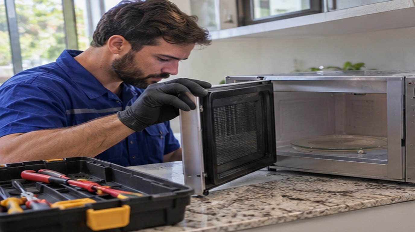 Conserto de micro-ondas em Curitiba‑PR: técnico abrindo um micro-ondas de bancada