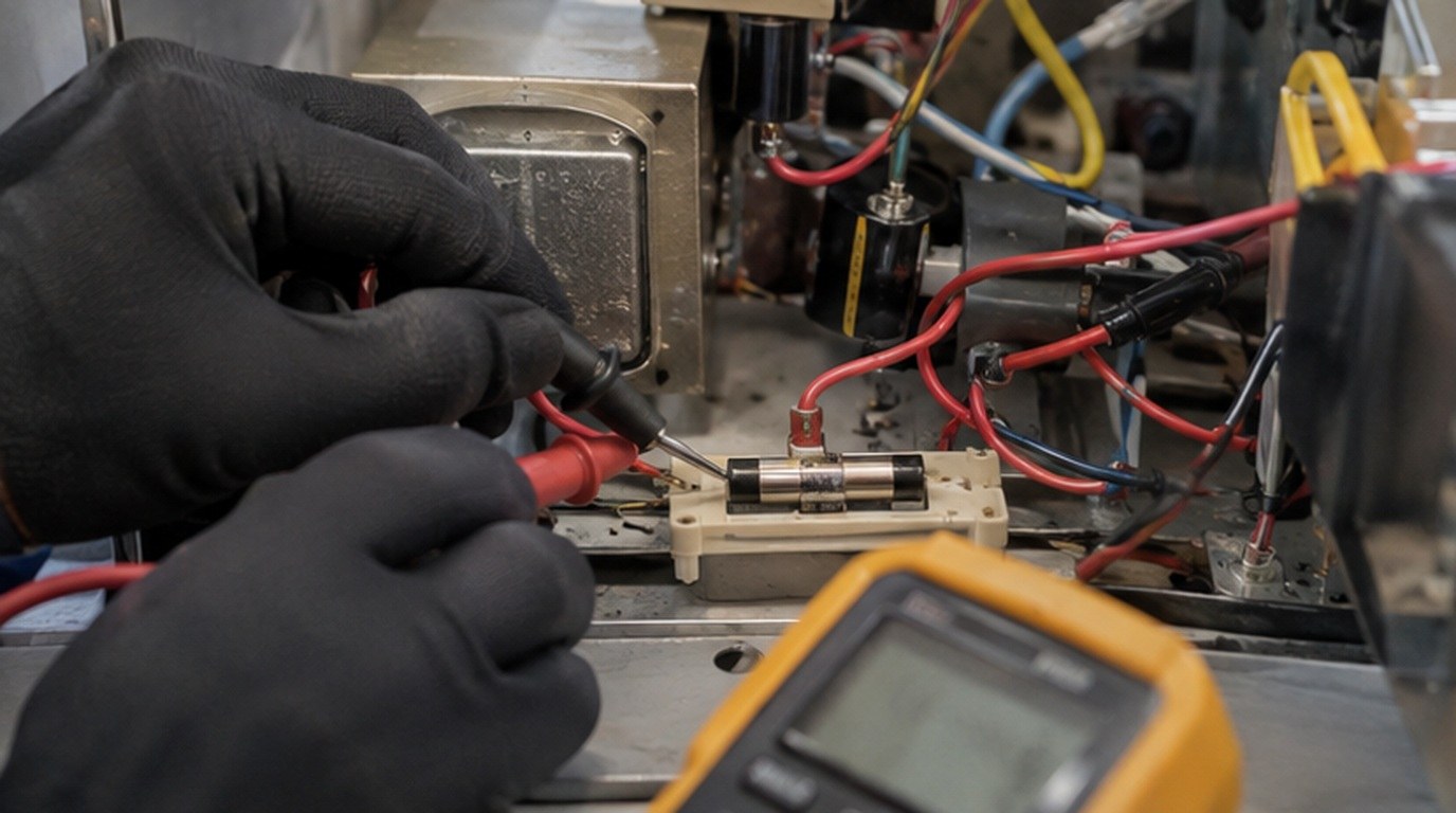 Conserto de micro-ondas em Curitiba‑PR: teste do fusível e do diodo de alta tensão