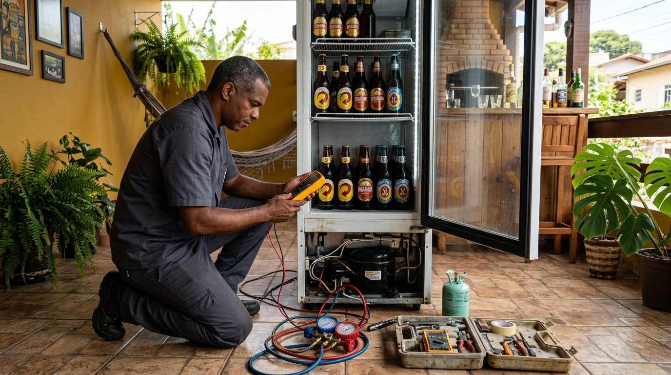Placa eletrônica de cervejeira em reparo na bancada na Augusta, Curitiba‑PR