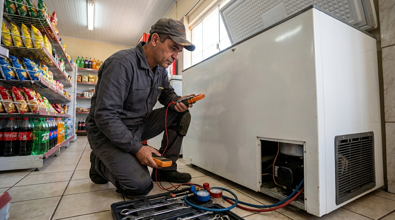 Reparo da placa eletrônica de um freezer em atendimento na Augusta, Curitiba‑PR