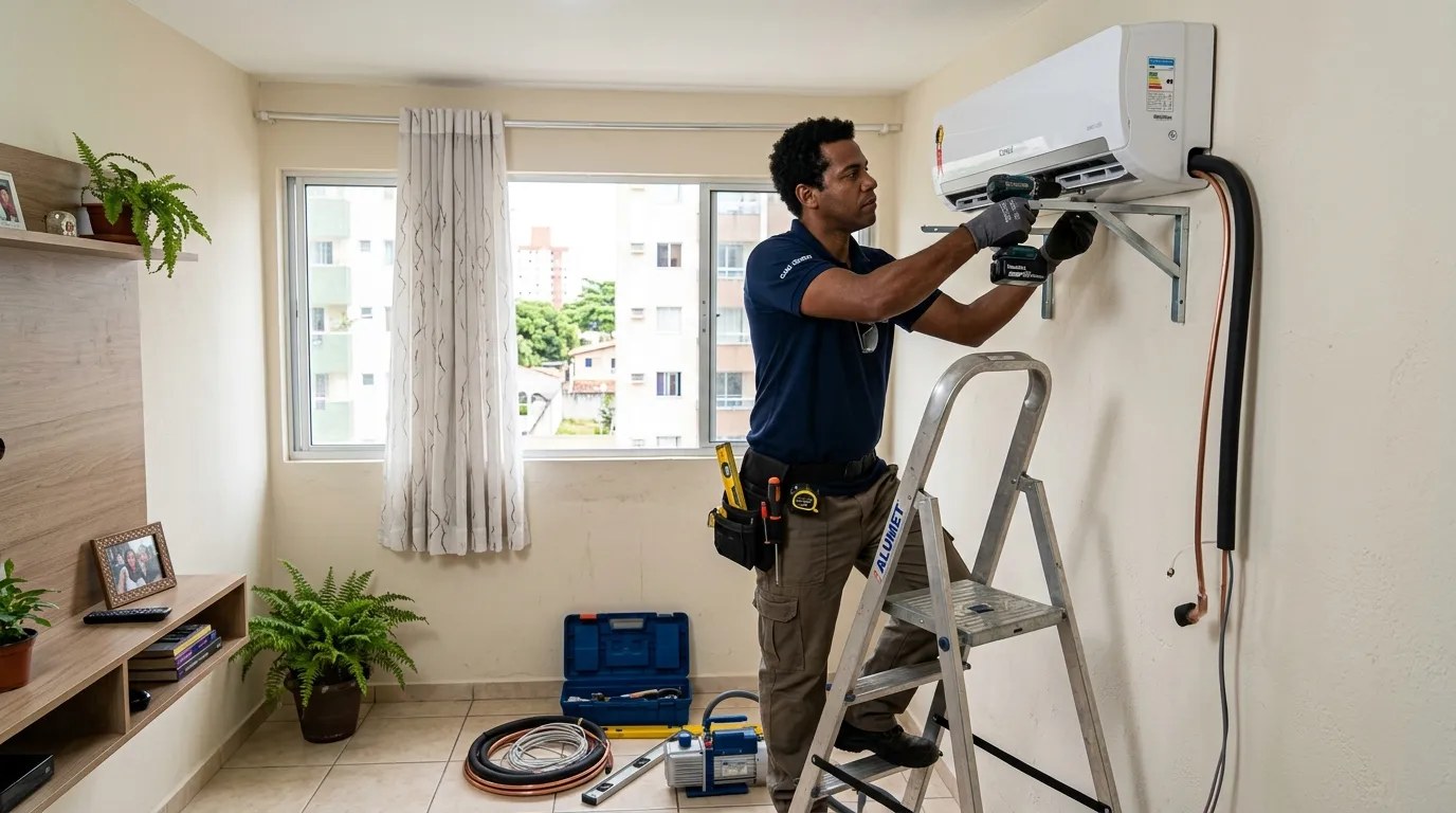 Técnico instalando ar-condicionado split em residência em Curitiba‑PR