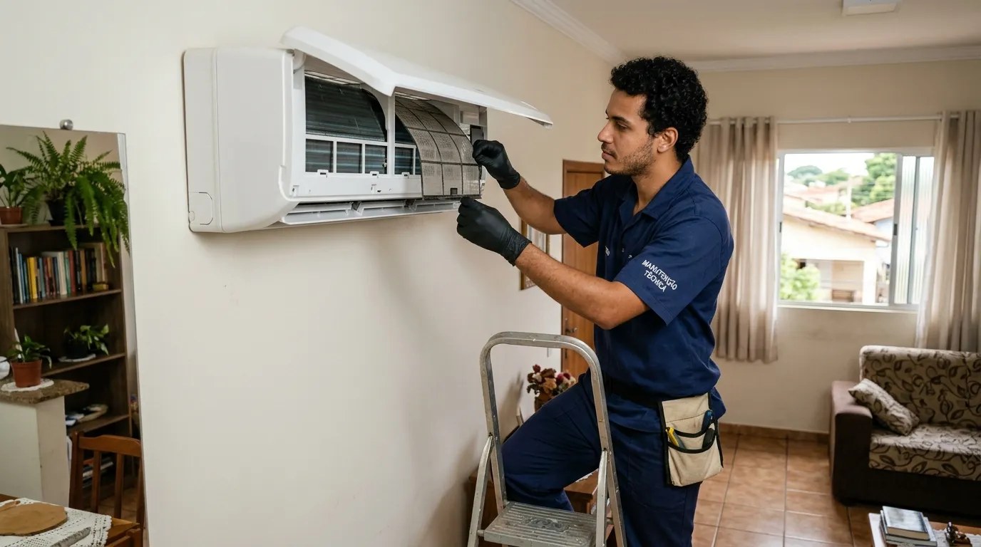 Técnico fazendo limpeza e higienização de ar-condicionado split em Curitiba‑PR