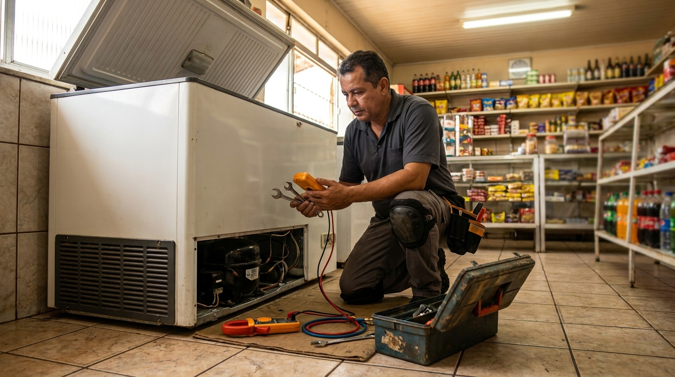 Técnico reparando o motor de um freezer horizontal na Augusta, Curitiba‑PR
