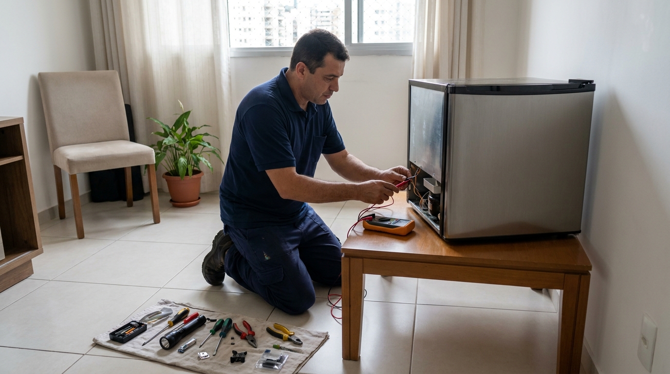 Técnico revisando o motor de um frigobar em Uberaba, Curitiba‑PR