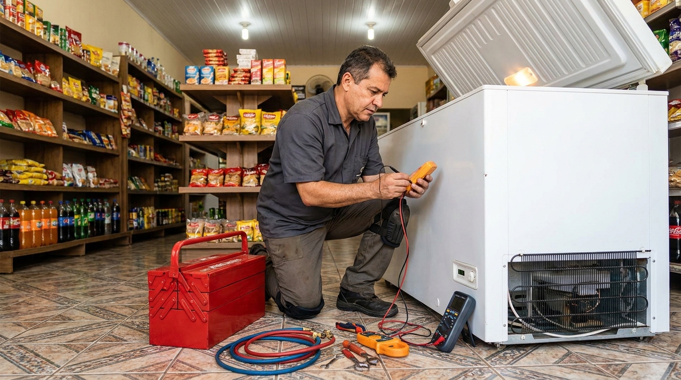 Manômetro conectado ao circuito durante recarga de gás de freezer na Augusta, Curitiba‑PR
