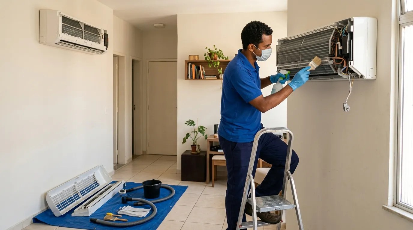 Técnico fazendo manutenção de ar-condicionado split em Curitiba‑PR