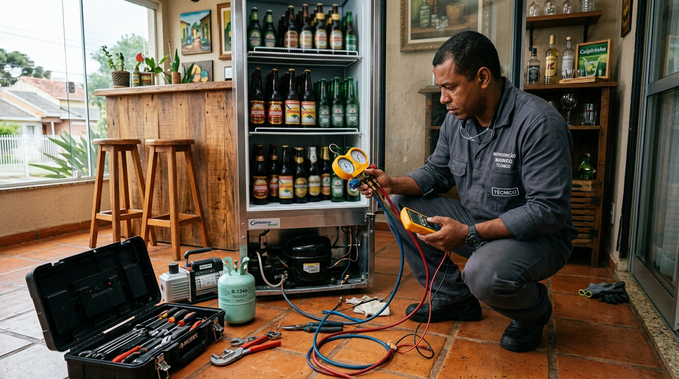 Técnico conferindo a temperatura de uma cervejeira durante atendimento na Augusta, Curitiba‑PR