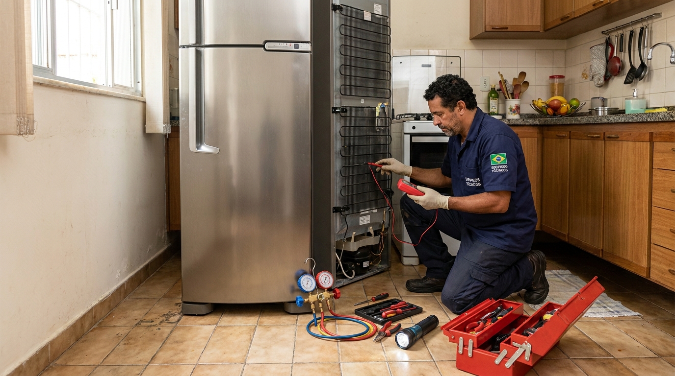 Técnico consertando uma geladeira na casa do cliente em Uberaba, Curitiba‑PR
