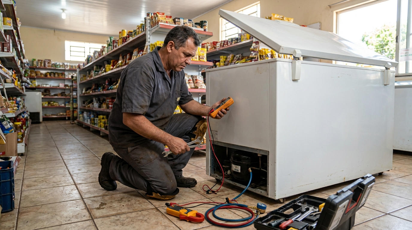Substituição do termostato de um freezer durante visita técnica na Augusta, Curitiba‑PR